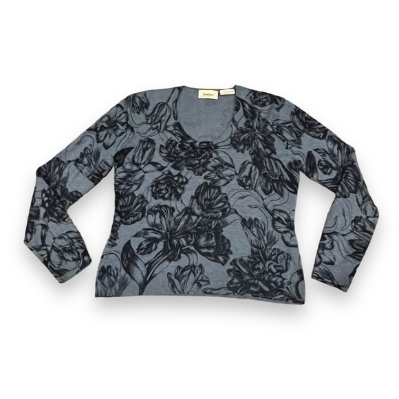 Neiman Marcus 100% Cashmere Sweater Cropped ScoopNeck Pullover Blue Floral Small - Picture 1 of 4
